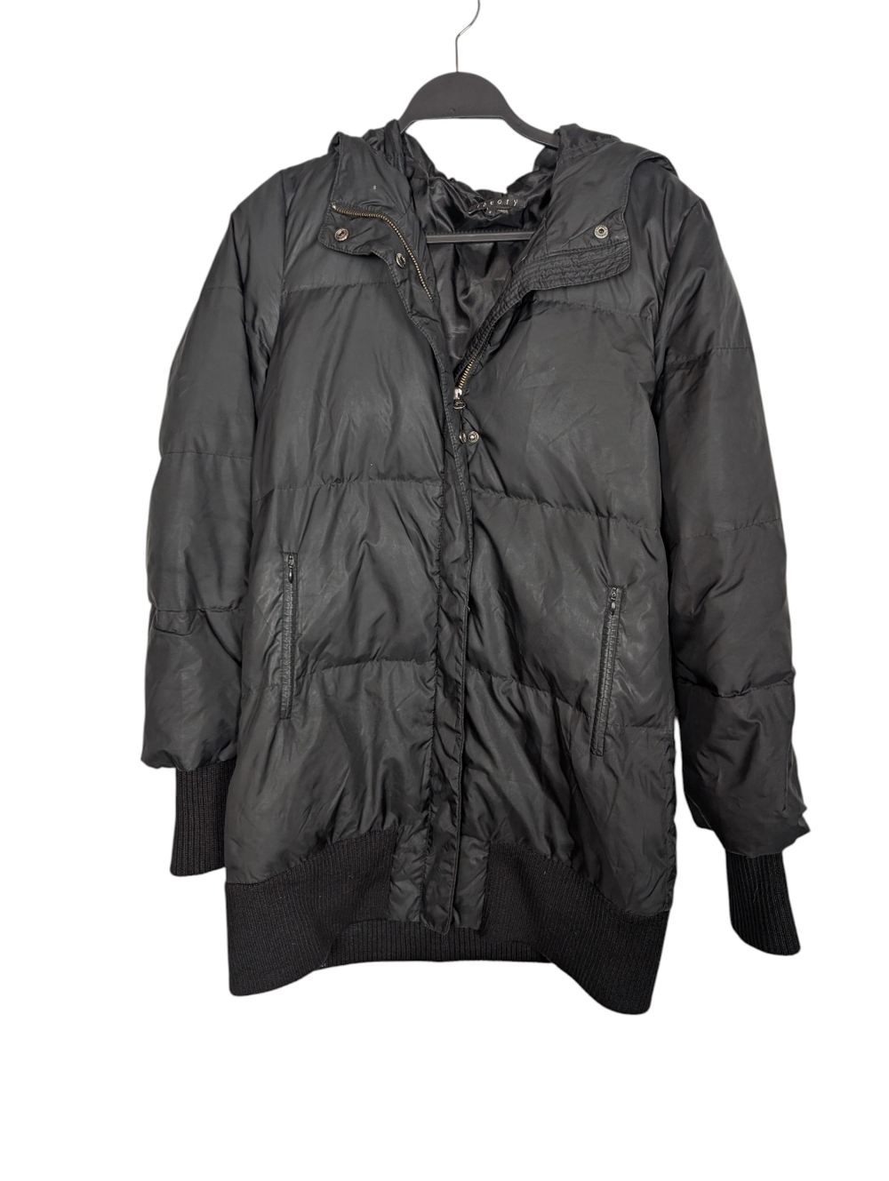 Theory Black Puffer Down Jacket With Hood Ribbed Knit Cuff Sleeves Coat Size S